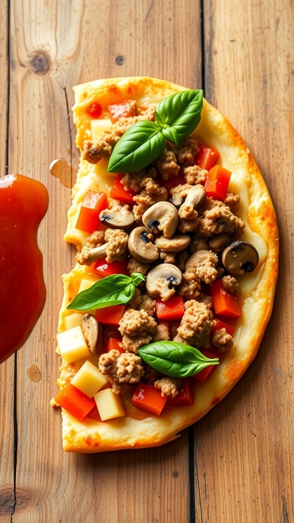 A slice of crustless pizza topped with cheese, bell peppers, and ground turkey, garnished with basil on a wooden table.